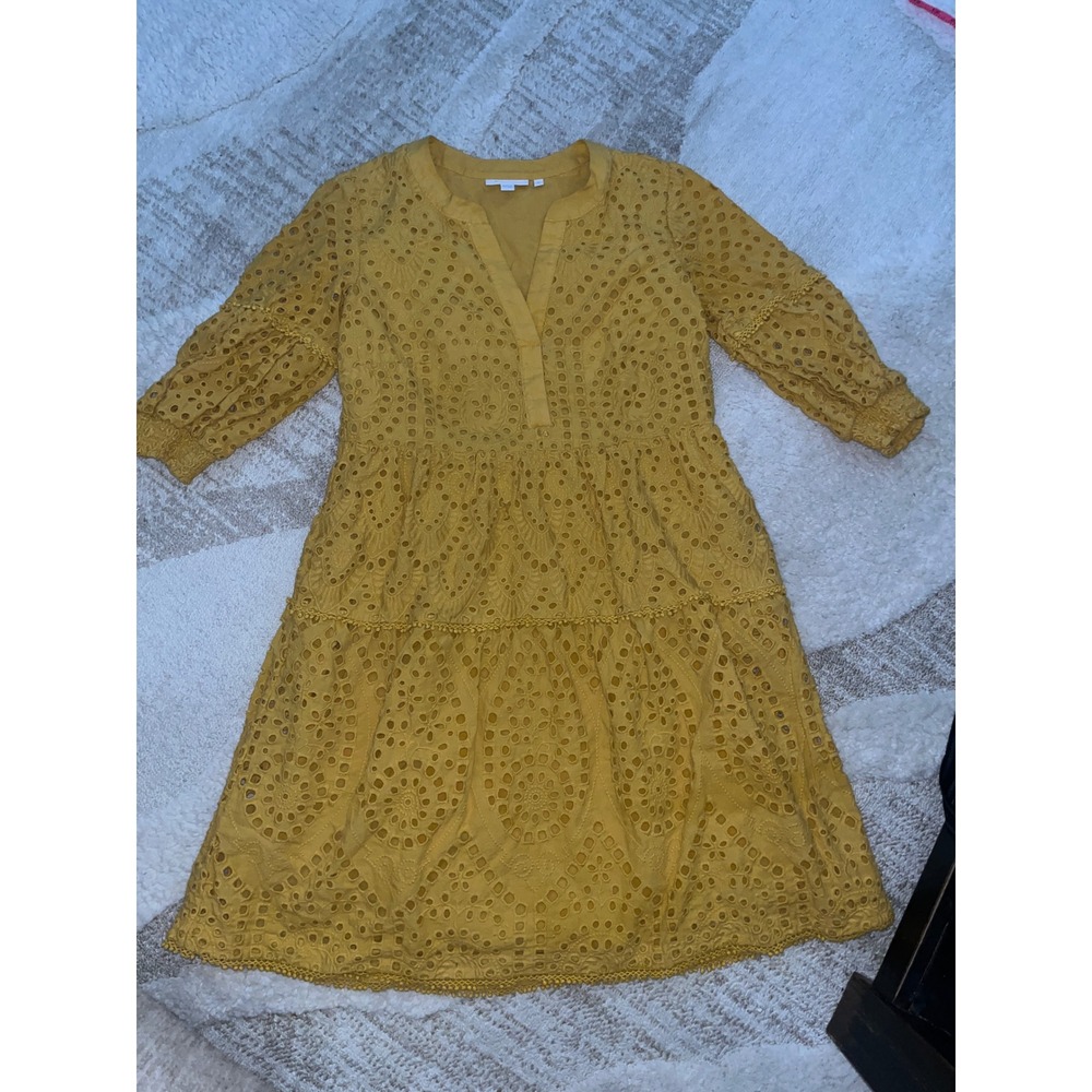 Chico's Mustard Yellow Eyelet Tiered Dress V-Neck 3/4 Sleeve Pockets Size 0 S - Picture 2 of 6